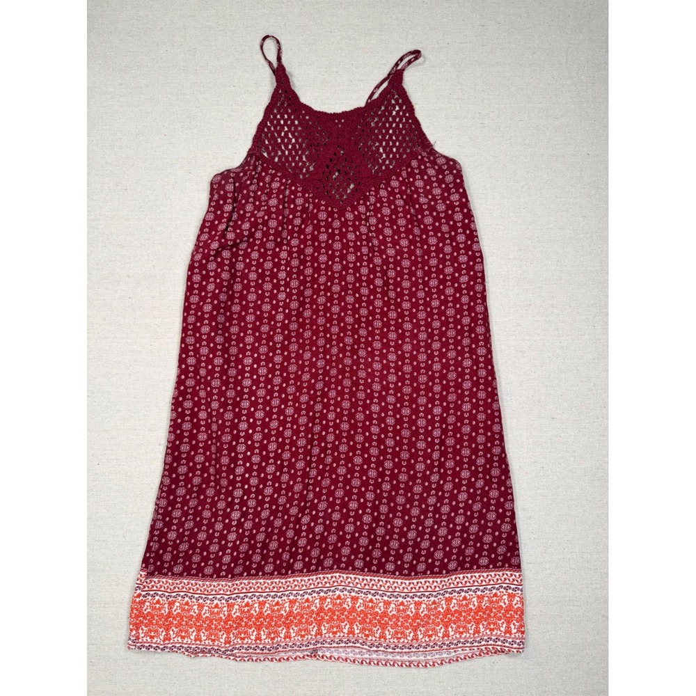 Rue21 Womens Small Burgundy Boho Crochet Yoke Medallion Print Mini Dress Red